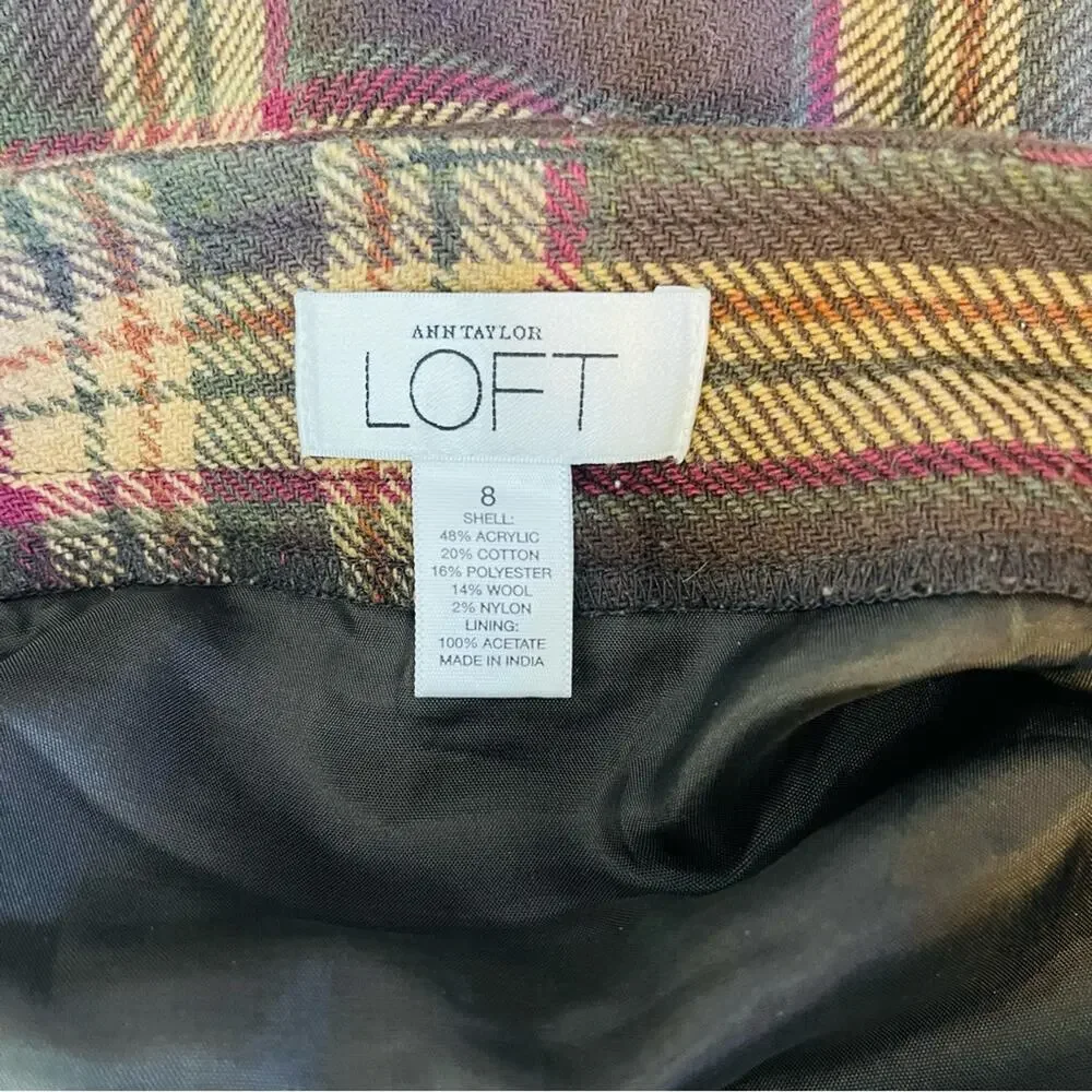 Loft brown tan red wool plaid preppy academia pocket skirt 8